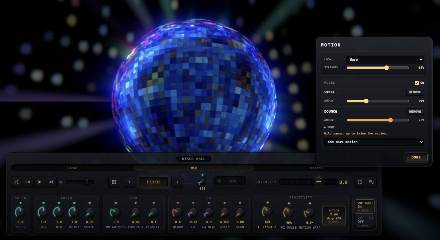 The Motion window open over the Disco Ball: the Look set to Warp at 65 percent, then the moves, Swell at 30 percent and Bounce at 72 percent in the wild range with its orange readout and note. In the console behind it, the MOTION button reads 2 on, Warp 65%.