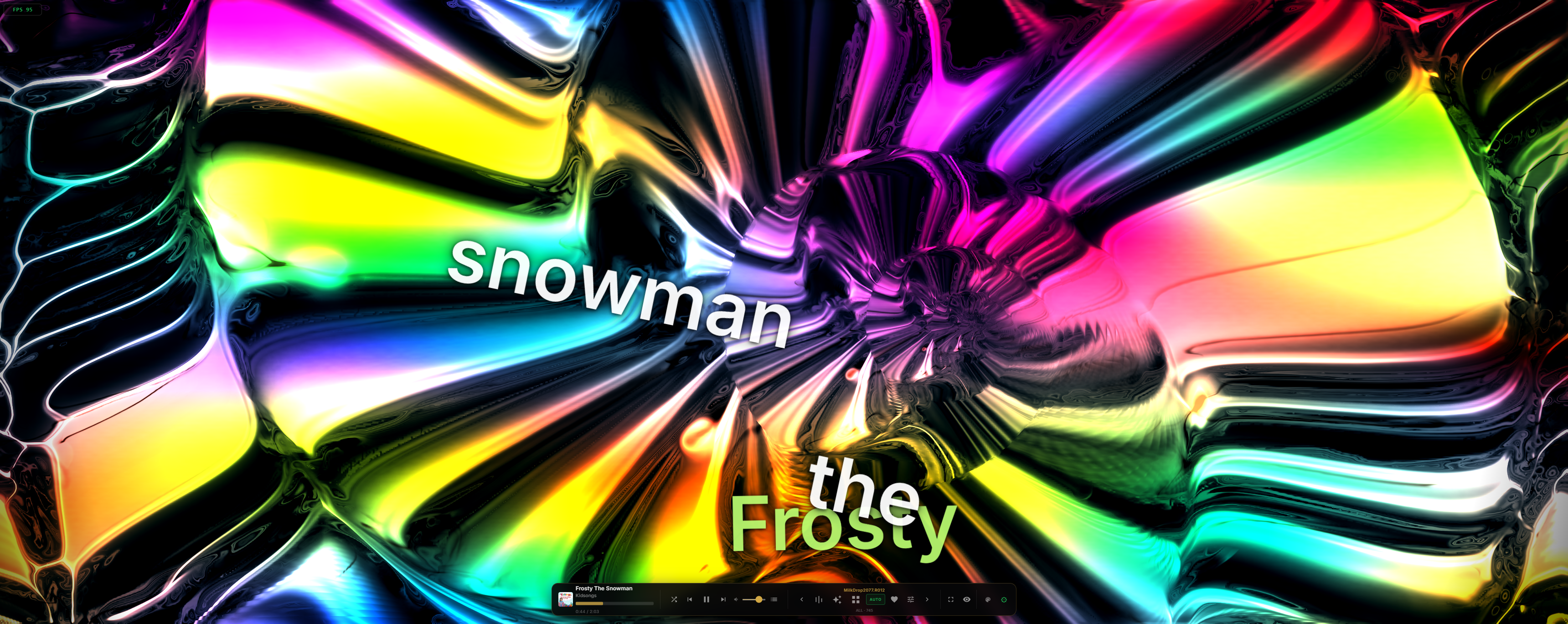 IKANDY visualizer rendering Frosty The Snowman with vibrant chrome MilkDrop preset